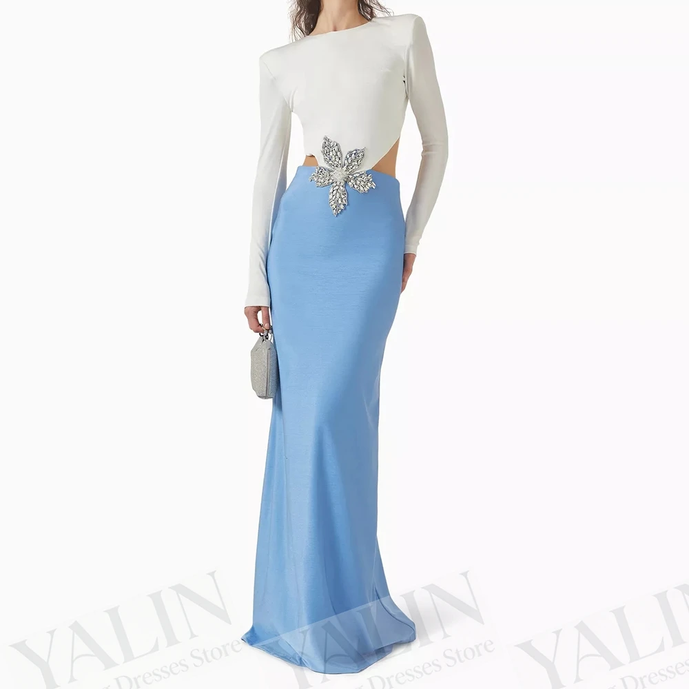

Women's A-line Evening Dresses Floor-length O-neck Full Sleeve Prom Gown Fashion Crystal Flowers Simple Draped Customized Gowns