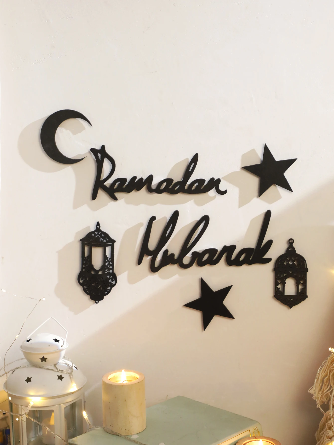 7 Pcs Wooden Ramadan Hanging Ornaments With Star Lantern Moon ,Eid Mubarak muslim decor Ramadan Kareem，Black Moon Ornaments Gift