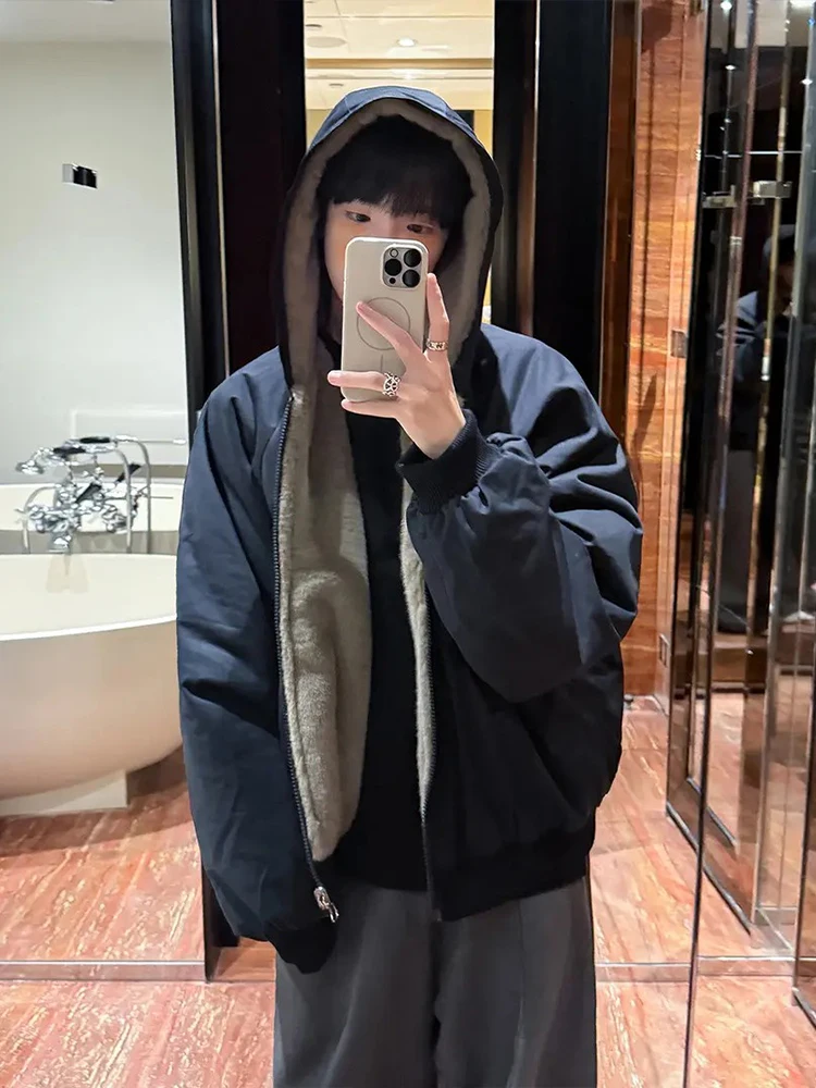 

Waed Canvas Thiened Fce Lined Cotton Jaet Men's Winter Warm Couple's Cotton Coat Stand Fit Long Sve Hoodie