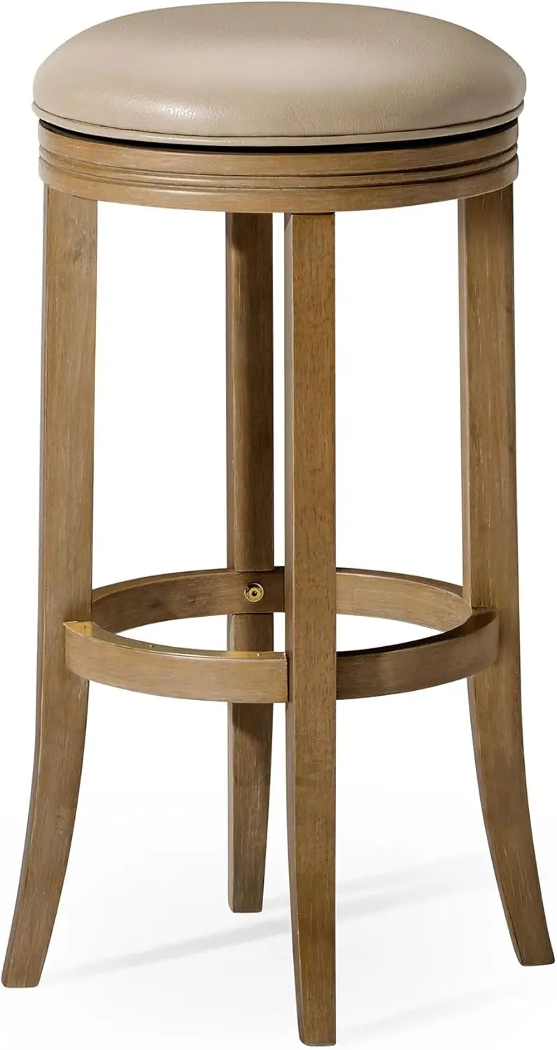 Maven Lane Eva 31 Inch Tall Bar Height Rotating Backless Barstool in Weathered Oak Finish with Avanti Bone Vegan Leather