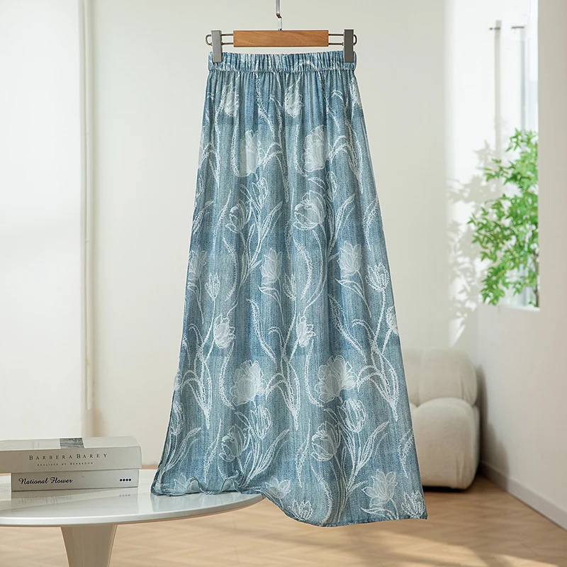 

100% Mulberry Silk Crepe De Chine Silk Women Skirt Elastic Waist A-line Denim Blue Floral Slit-hemline QQ028