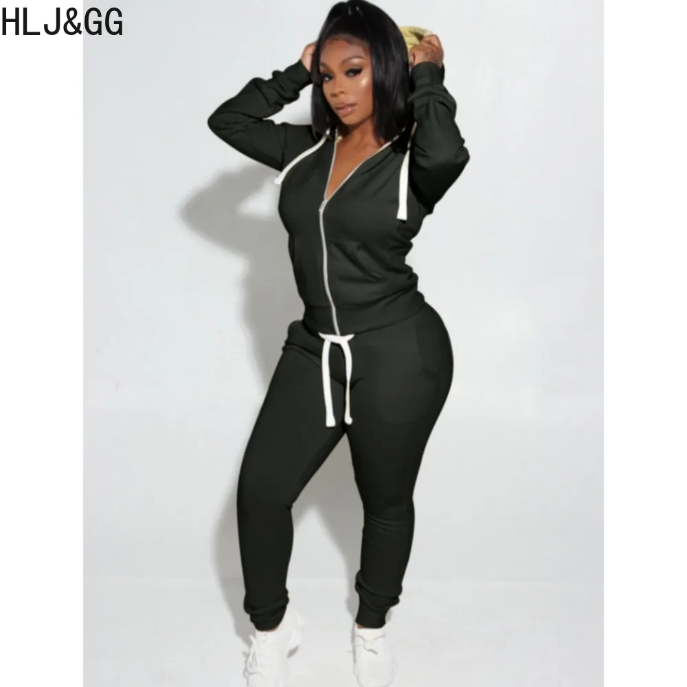 

HLJ&GG Autumn Winter Casual Solid Color Hooded Two Piece Sets Women Zipper Long Sleeve Coat And Jogger Pants Tracksuits Outfits