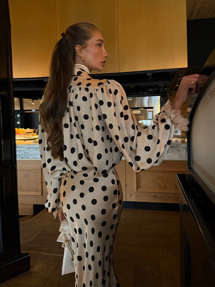 Chic Polka Dot Women Skirt Set With Ribbon V-neck Long Sleeve Shirt Long Mermaid Skirts 2026 Summer Holiday Two-Piece Outfits image 5