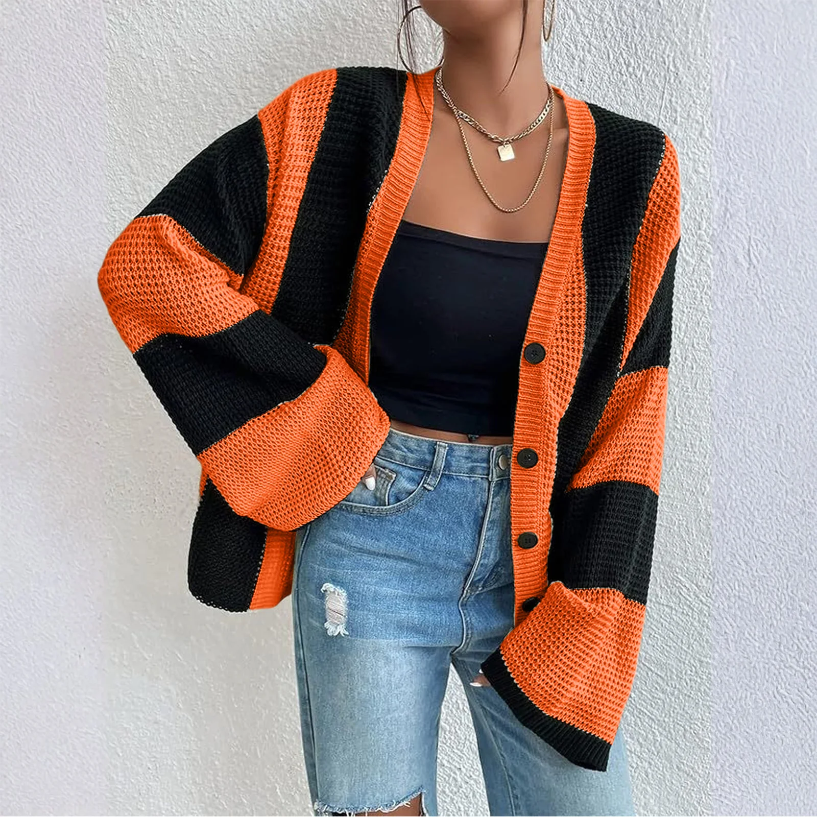 

Женский повседневный свободный свитер в контрастную полоску, кардиган, куртка с длинным рукавом и v-образным вырезом, однобортный трикотаж, осенние вязаные свитера