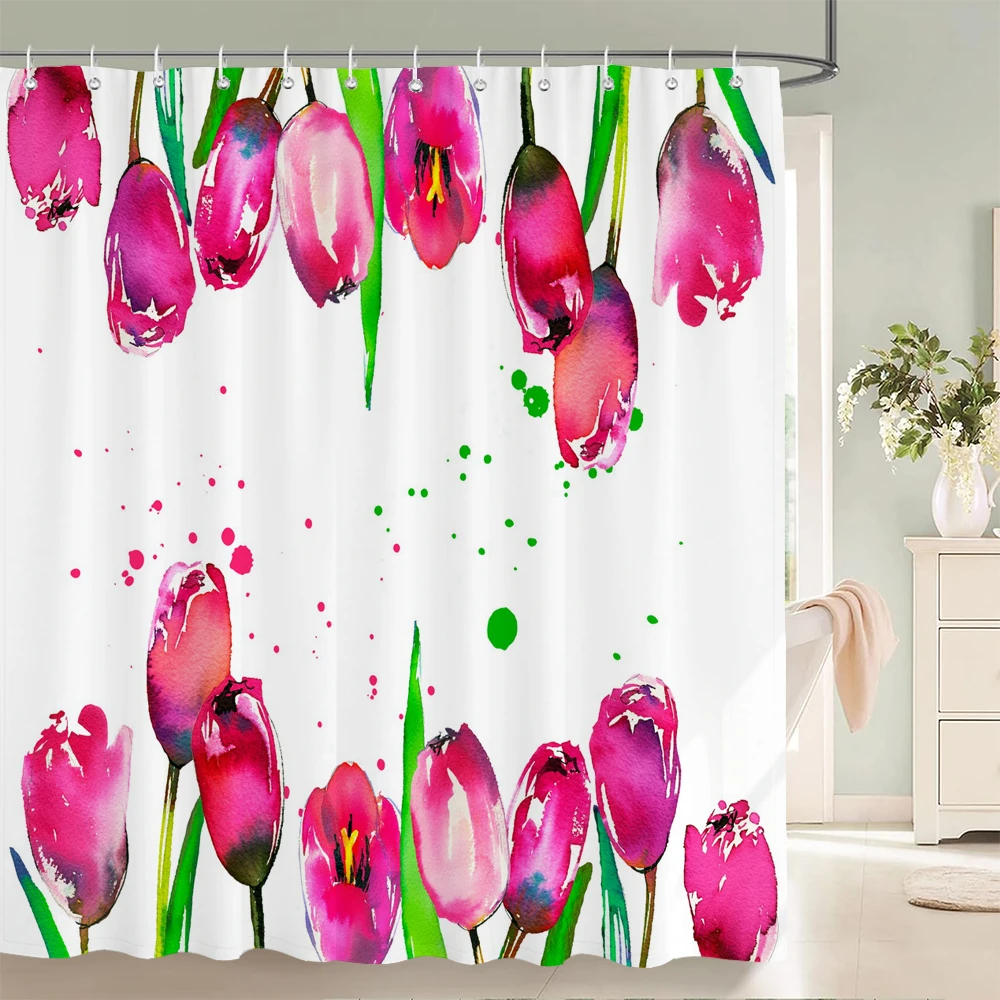 

Colorful Tulip Pattern Bath Curtain Waterproof Fabric Shower Curtains Flowers Bathtub Screen With Hooks for Bathroom Home Decor