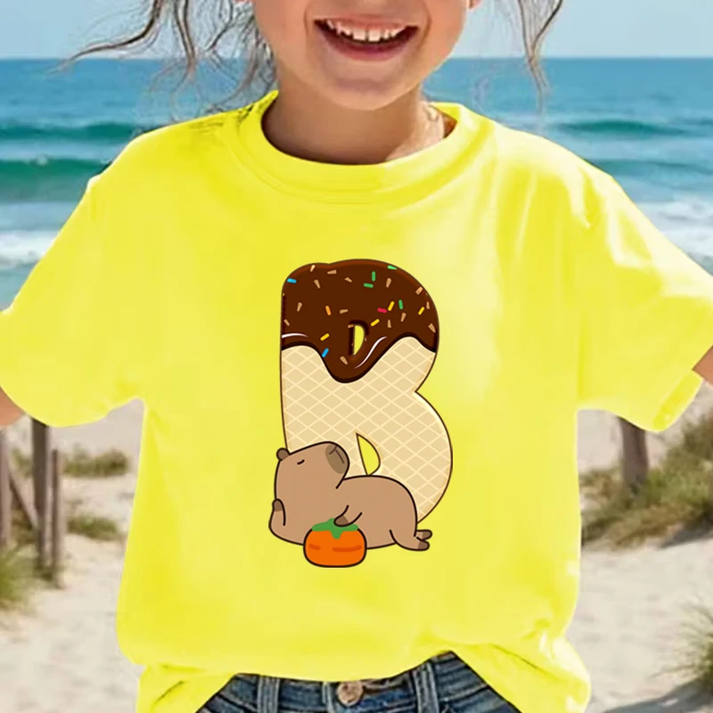 Cartoon Capybara Letter A-Z Print T-Shirts for Girls Boys Capybara Lover Gift 26 Alphabet Kids Shirt Cotton Tee Fashion Y2K Tops