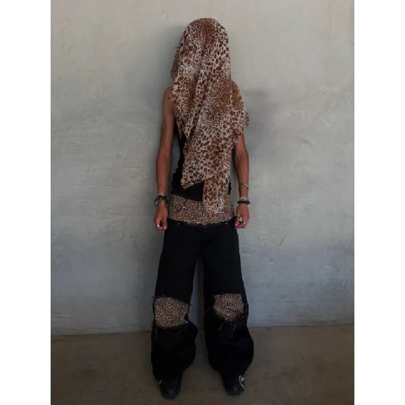 Patchwork com estampa de leopardo retrô americano, com duas peças, jeans para homens, calças casuais soltas