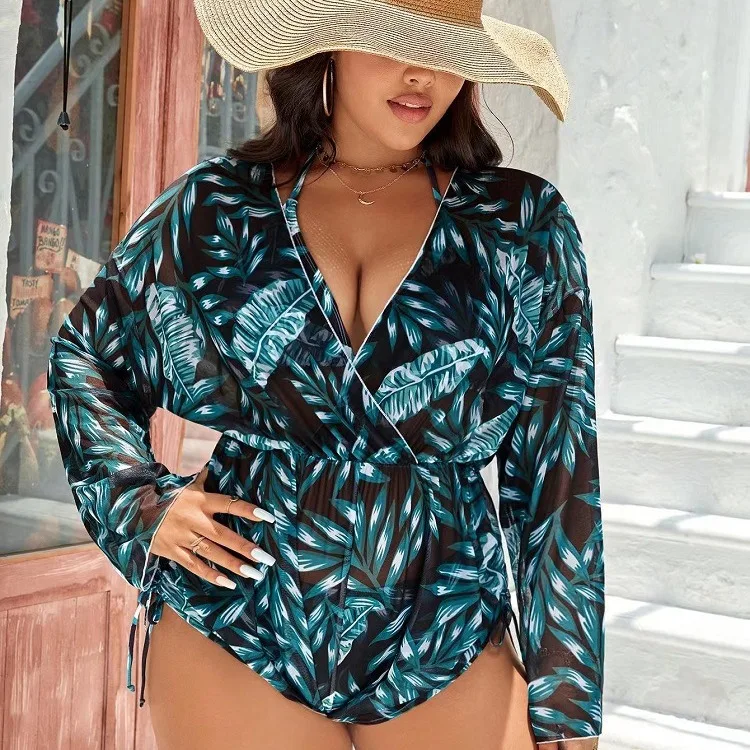 

2024 Plus Bikini Three Piece Cover Up Long Sleeve Sand Chiffon Fat Model Real Time Swimwear 0XL-5XL Sexy Cross border