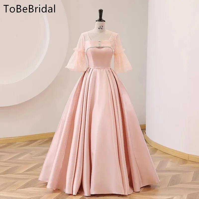 

Customized Elegant Light Pink Prom Dress Short Sleeve Satin A-line Formal Evening Dresses Wedding Party Dress vestidos de gala