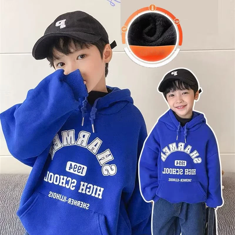 

Blue Boys' Children's Spring And Autumn New Casual Versatile Sweater Baby Loose Top Hooded With Plush And Thickened Winter Wear