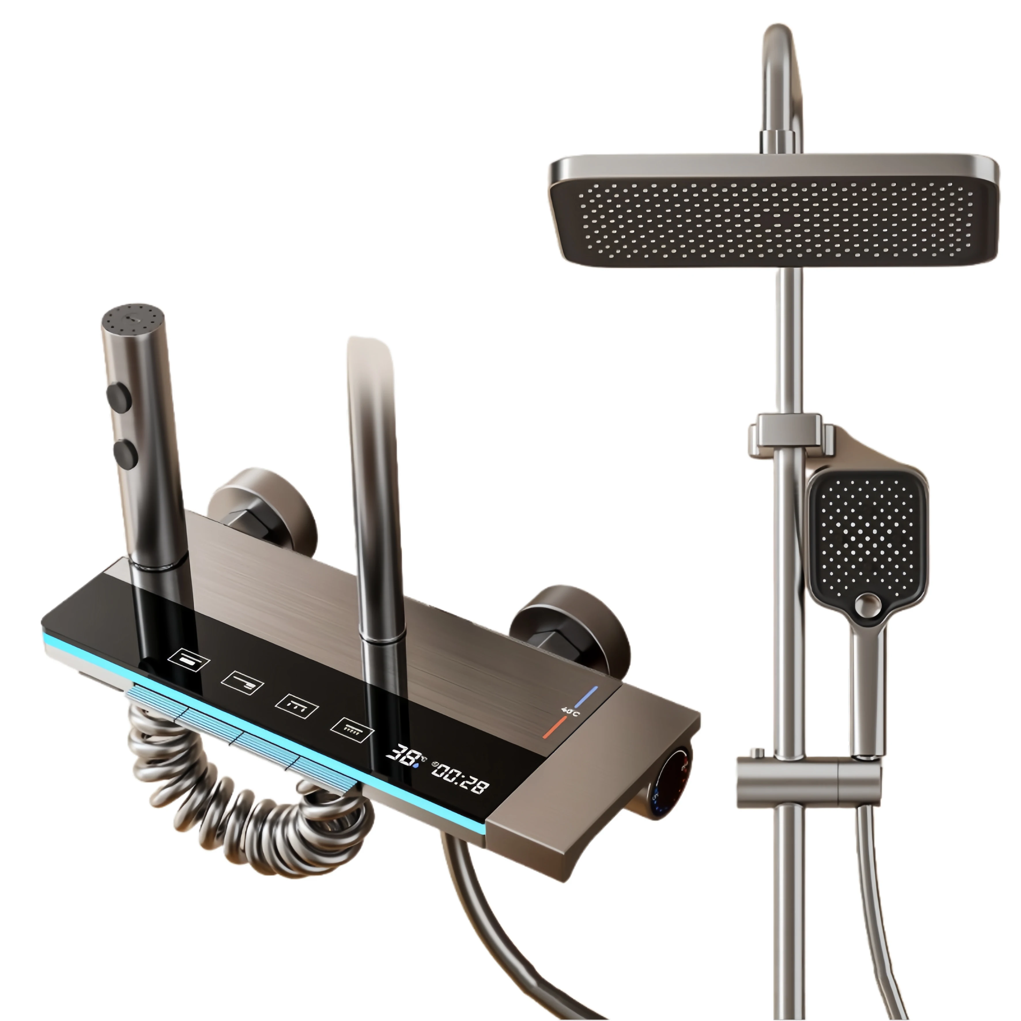 

Grey Digital Display Thermostatic Shower System Piano Key Control Ceramic Valve Soft Rain Jet Spray Shower Mixer Pack