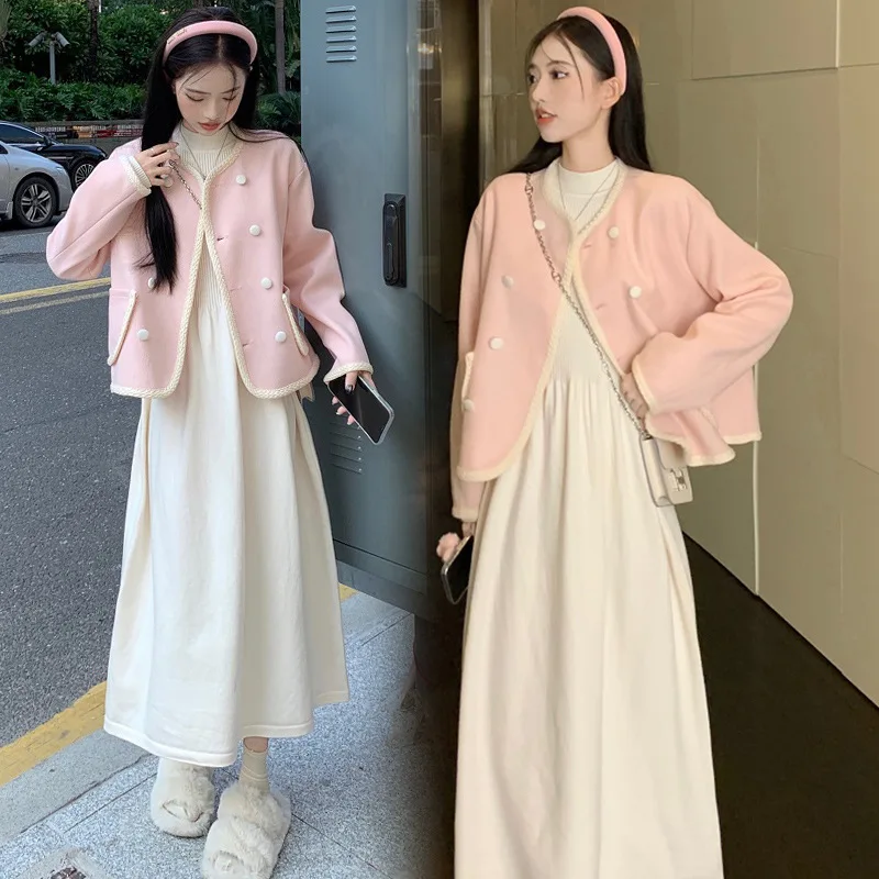 Maternity Outfit 2025 Autumn New Style Minimalist Elegant Temperament Soft Comfortable Long Sleeve High Waist Dress and Coat