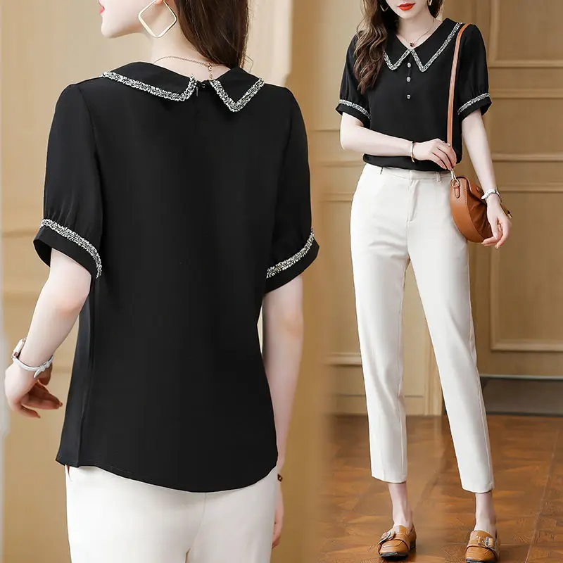 Top for Woman Office Outfits Clothing Black Women\'s Shirts and Blouses Chiffon Wear To Work Formal Collar Short Sleeve New 2024