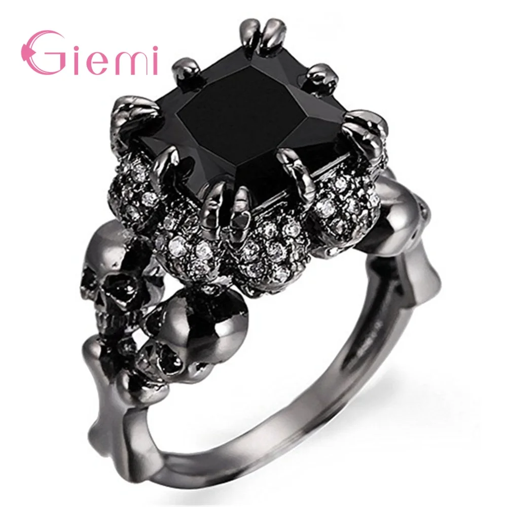 Skull Ring For Women Punk Style 925 Sterling Silver Jewelry Charm Black Square Cubic Zirconia Skeleton Anillos Mujer For Party