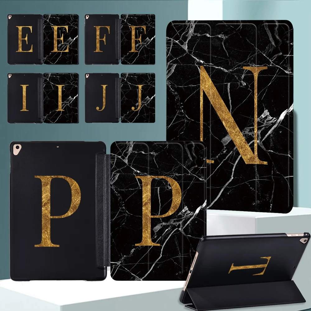 

Case for Apple IPad Air 1/Air 2/Air 3 10.5/Air 4 10.9/Air 5 Black Marble Letter Pattern Leather Smart Folding Stand Tablet Cover