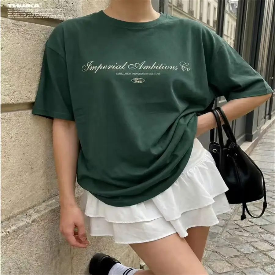 Dark Brown Letter Printed Korean Fashion Casual Y2k Tees Tops Women's Clothes Short Sleeve Loose T-shirt Female Summer 2026 New