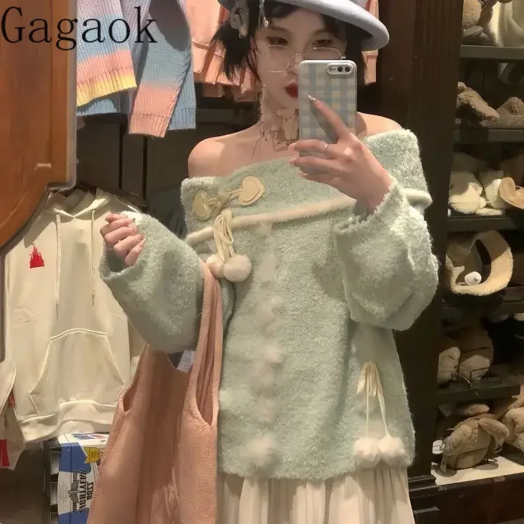 Gagaok Warm Pullover Sweater Women Slash Neck Off The Shoulder Knitted Sweaters Sweet Snowball Bow Pull Femme Autumn Tops