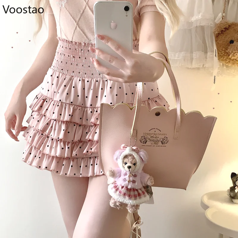 Kawaii Lolita Style Sweet 2 Piece Set Woman Cute Bow Lace Ruffles Polka Dot Vest Tops Mini Cake Skirts Suit Korean Y2k Outfits