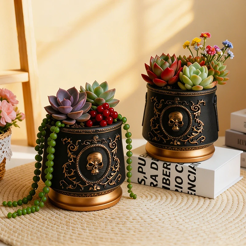Gothic Skull Embossed Flower Pot Black Gold Resin Planter for Succulents Small Plants Home Office Desktop Window Decoration