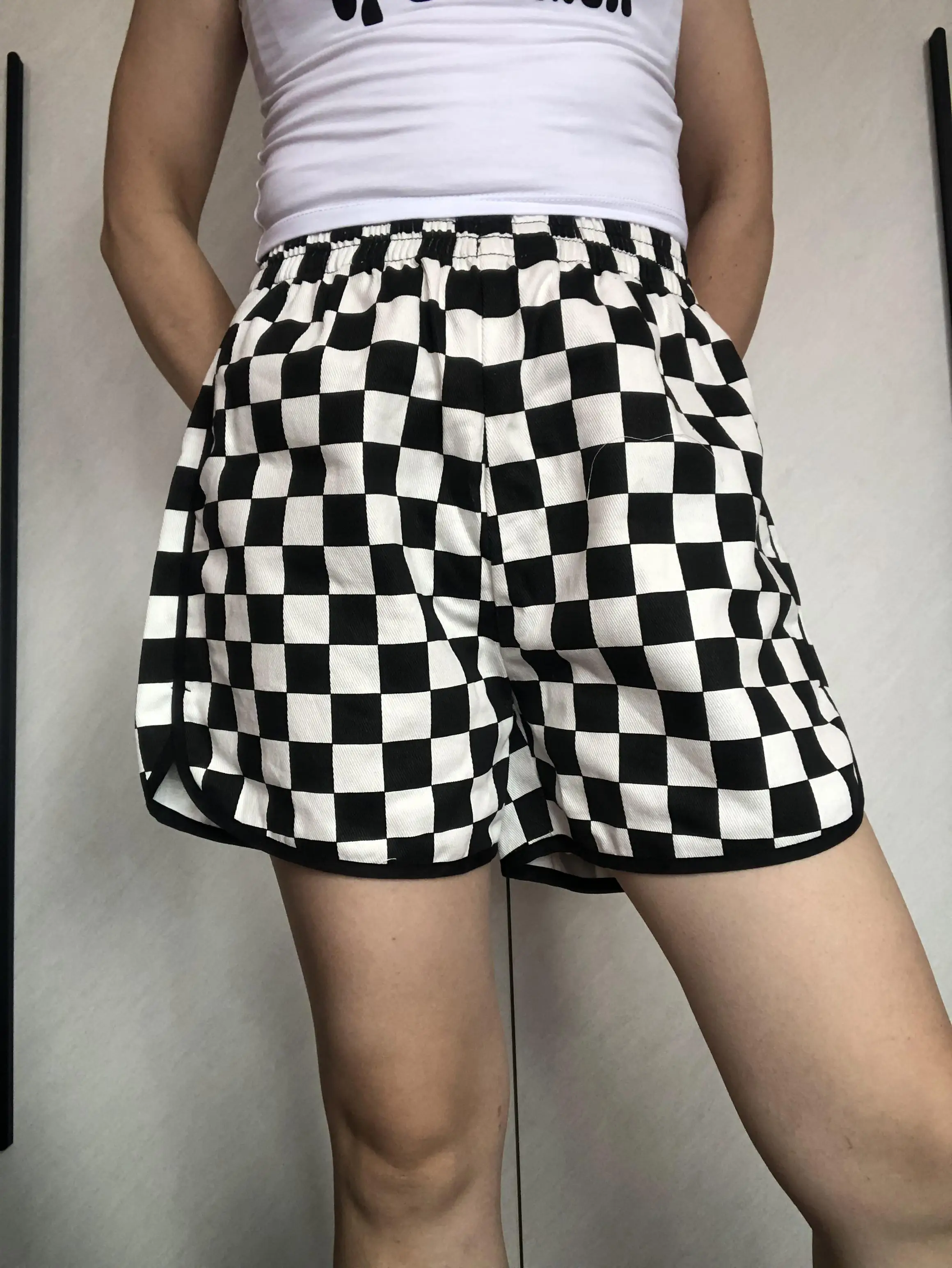 Women Checkerboard Side Split Plaid Shorts Loose Plus Size S-XXL Short Pants Summer Contrast Casual Shorts Femme Punk Cortos