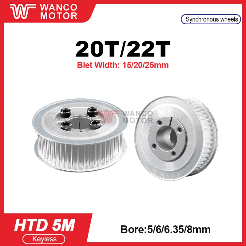 HTD5M 20T 22Teeth Keyless Bushing Timing Pulley HTD 5M Expansion Sleeve Synchronous Wheel for Belt Width 15/20/25mm