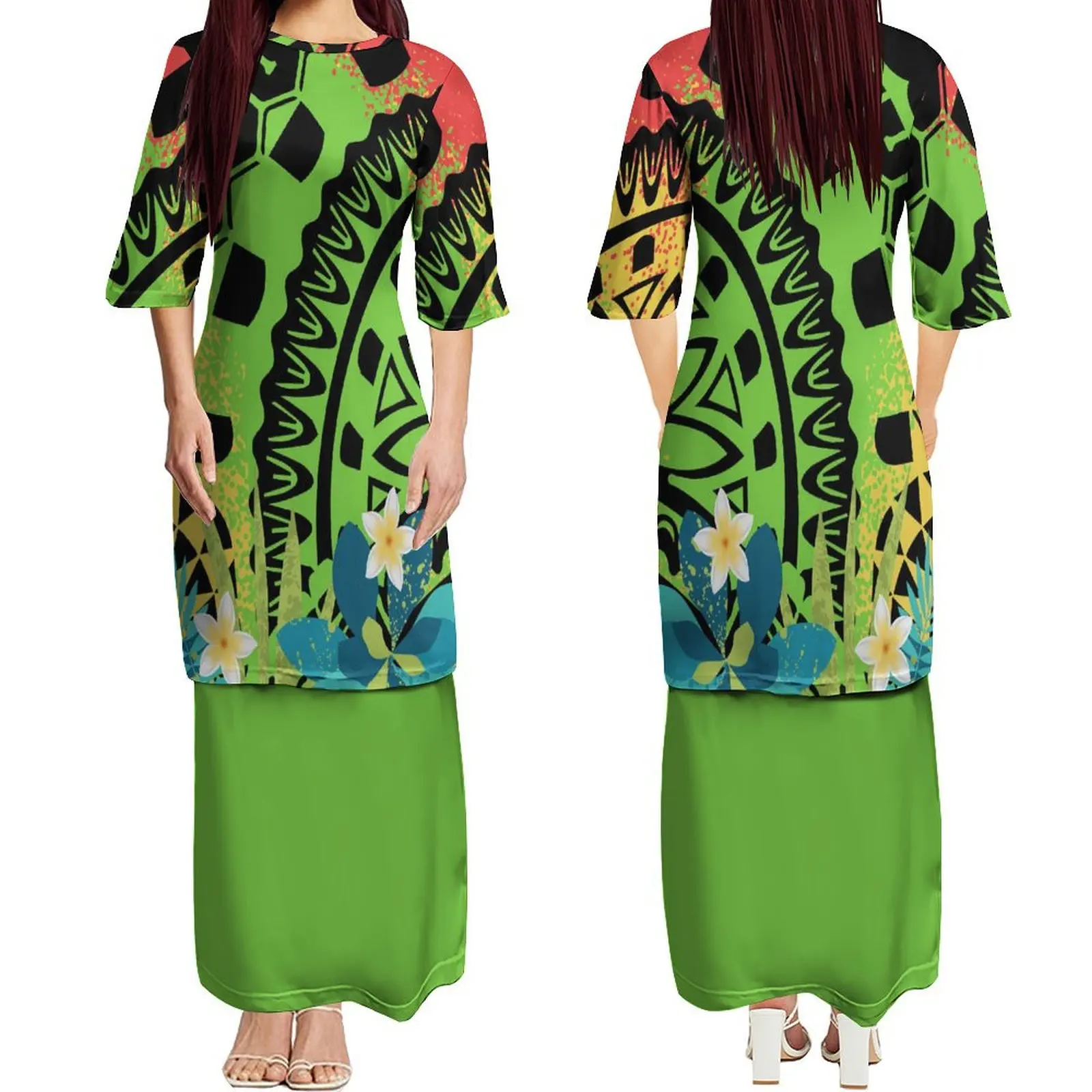 

High Quality Custom Polynesian Tribal Print Puletasi Samoa Fashion Dress Women'S Maxi Dress Two-Piece Set