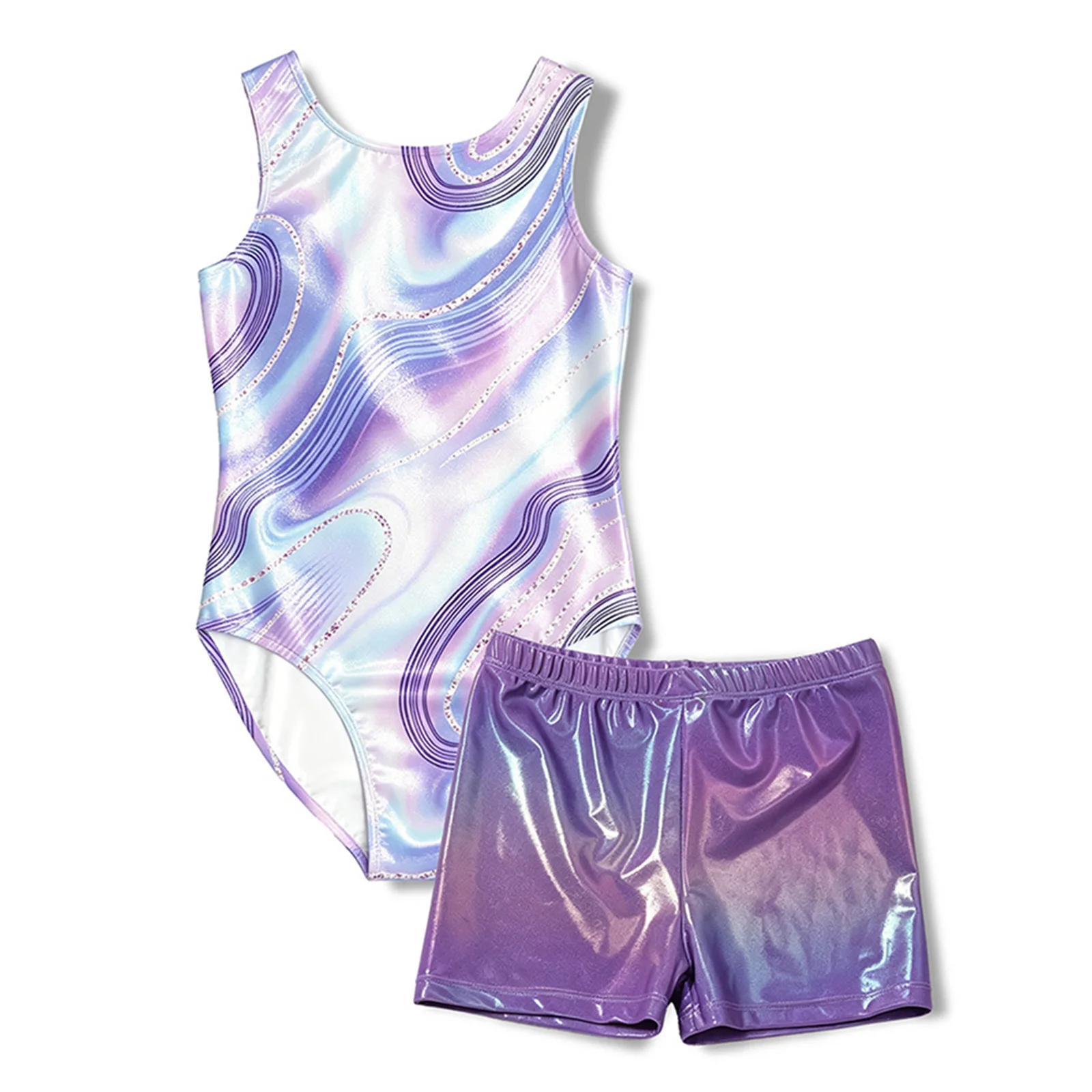 Kids Girls Ballet Dance Outfit Sleeveless Metallic Print Leotard with Shorts for Rhythmic Gymnastics Skating Stage Performance