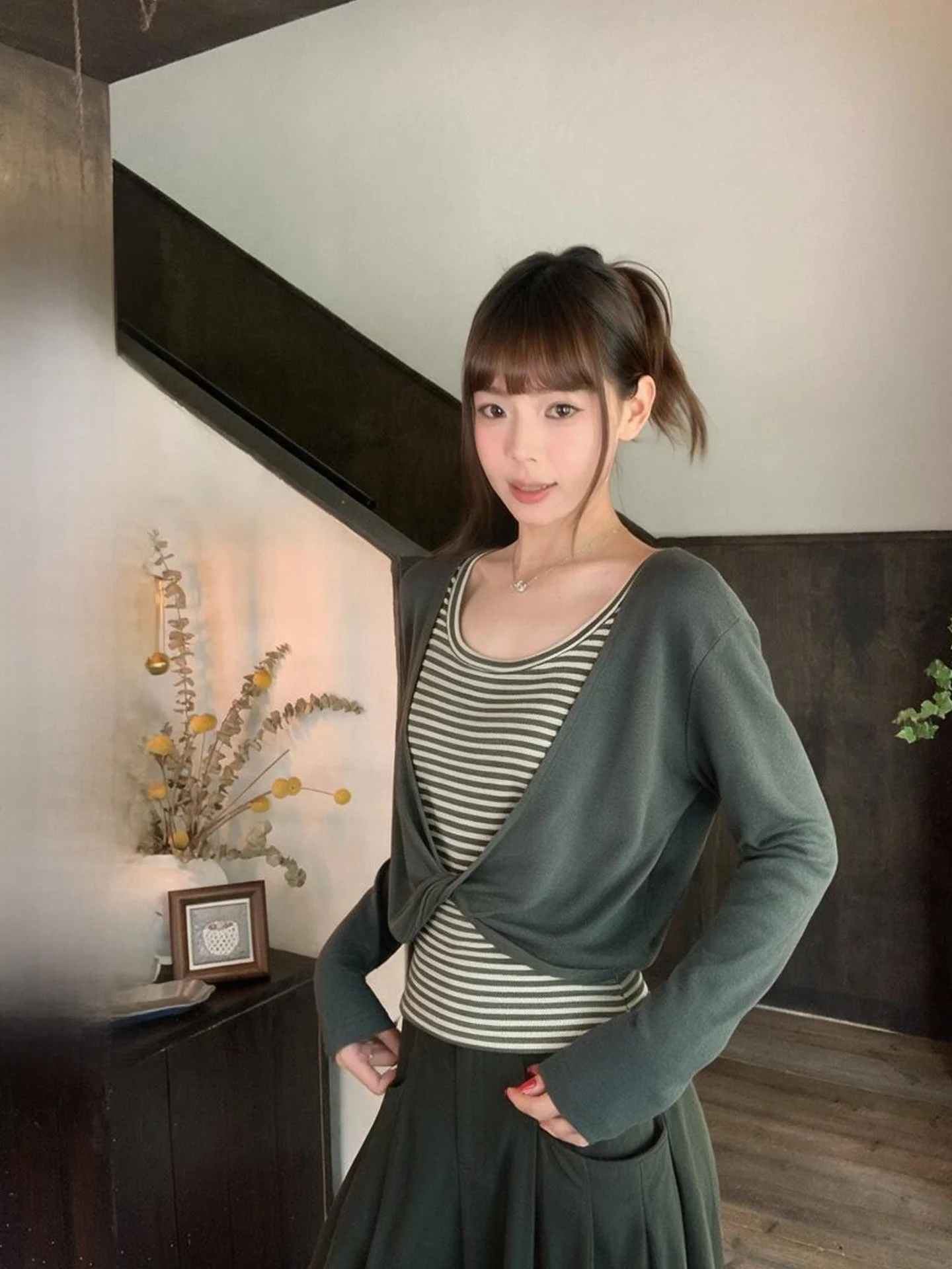 Slim Fit Striped Green Knitted Sweater Women's Long Sleeve Fake Two-Piece Top Korean Style Commute Fashion Inner Wear Shirt