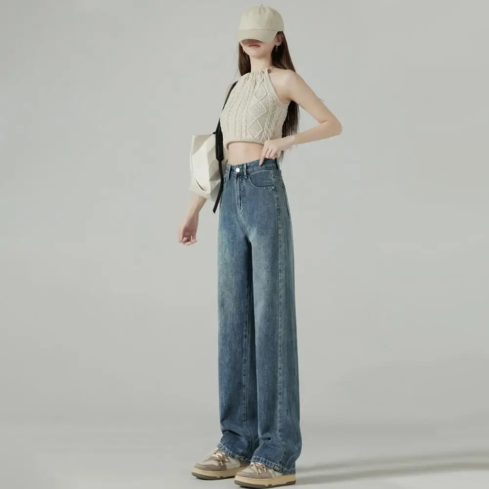 

Lady High Waist Jeans High-waist Denim Trousers Retro High Waist Wide Leg Jeans with Gradient Color Loose Pockets for Women