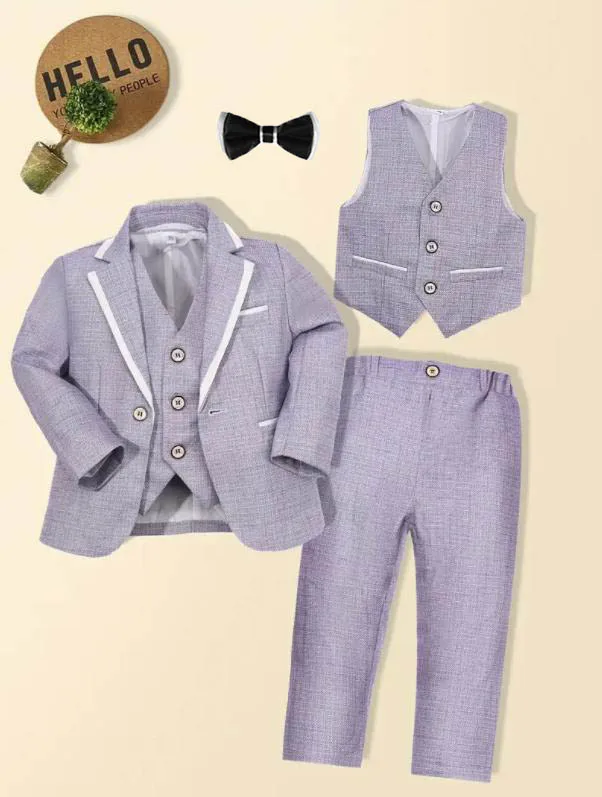 Boys Light Blue 4Pieces/Set Jacket Vest Pants Bowtie Blazer Set Kids Formal Birthday Wedding Suit Children Photography Dress