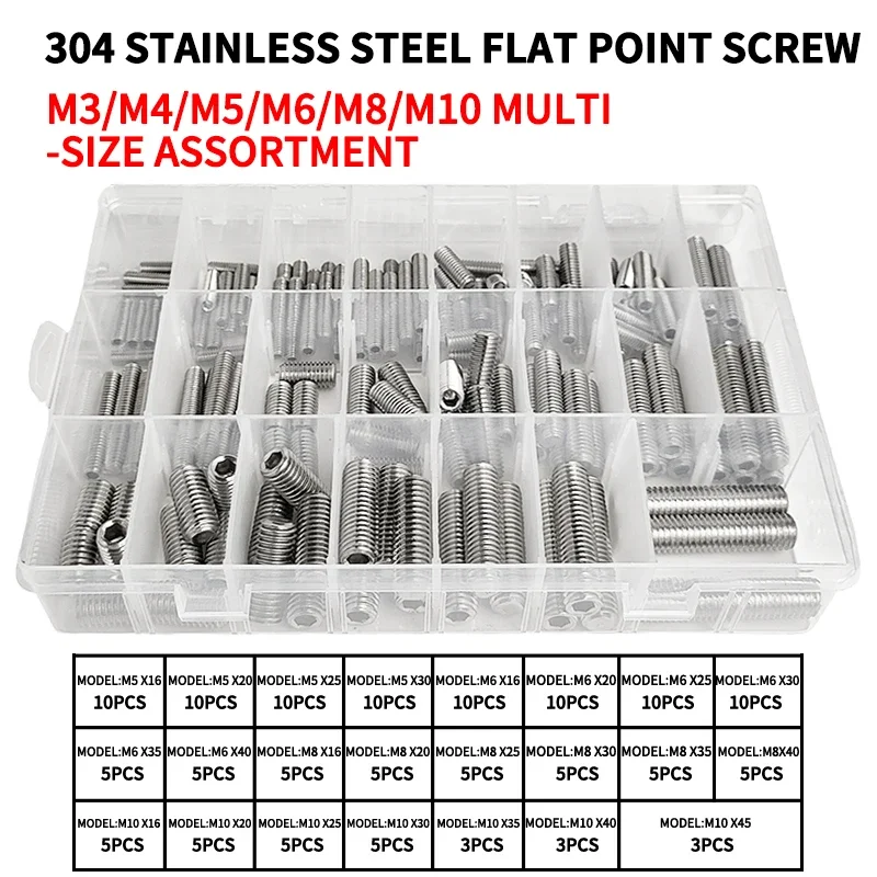 

M3-M10 DIN913 Black Steel 304 Stainless Steel Hex Hexagon Socket Allen Flat Point Set Screw Grub Bolt Assortment Kit