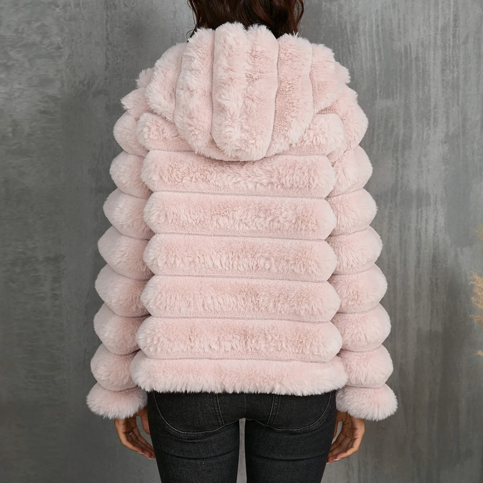 Ladies Autumn-Winter Plus-Size Casual Warm Hooded Coat Solid Color Imitation Fur Plush Long-Sleeved Zipper Coat Beautiful Coat