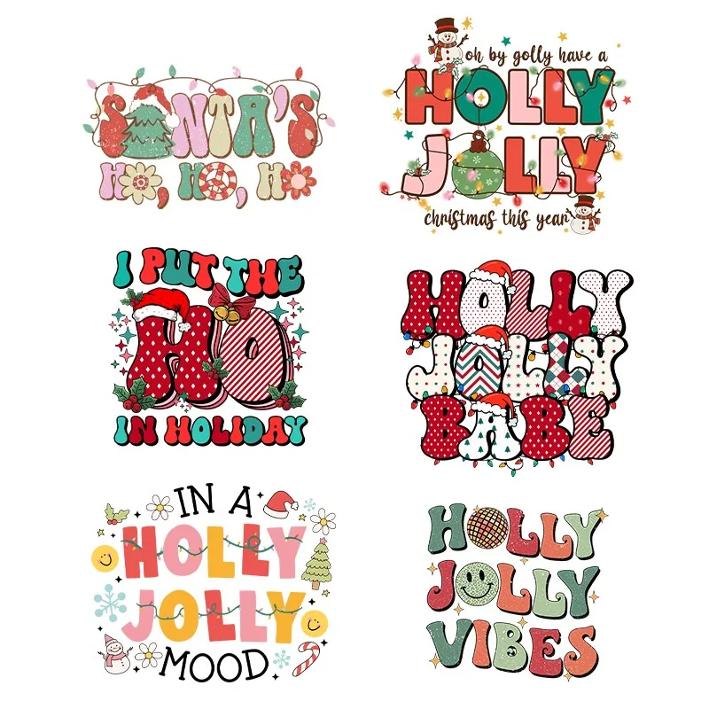 Christmas Fashion Letter Iron On Heat Transfer Sticker Clothing Holly Jolly Thermals DTF Transfer Patches DIY Appliqued