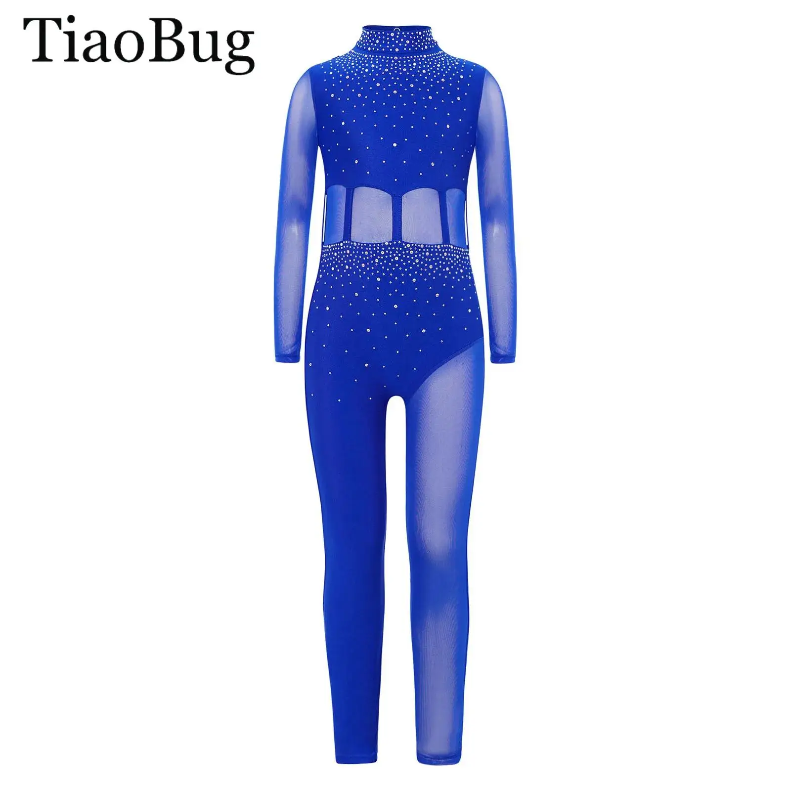 

Kid Girls Gymnastics Leotard Jumpsuit Mock Neck Long Sleeve Sheer Mesh Sparkly Rhinestone Bodysuit Figure Skating Dance Costumes
