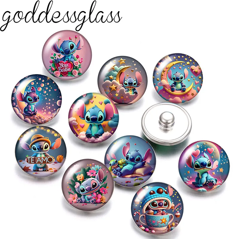 Disney Love Cute Stitch hearts flowers 10pcs Round photo 12mm/18mm snap buttons for 12mm/18mm snap bracelets DIY jewelry