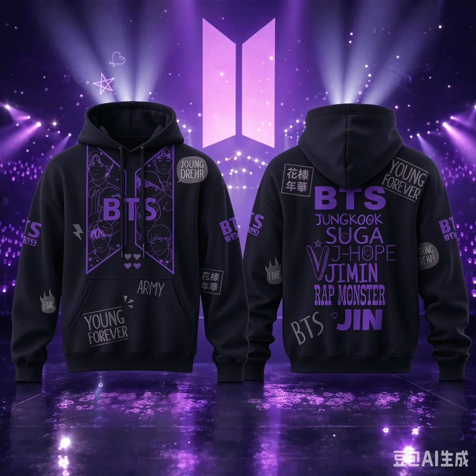 BTS Young Forever Hoodie Full Print Hooded Pullover Sweatshirt Kpop Member Portrait Graphic Fans Casual Streetwear Tops