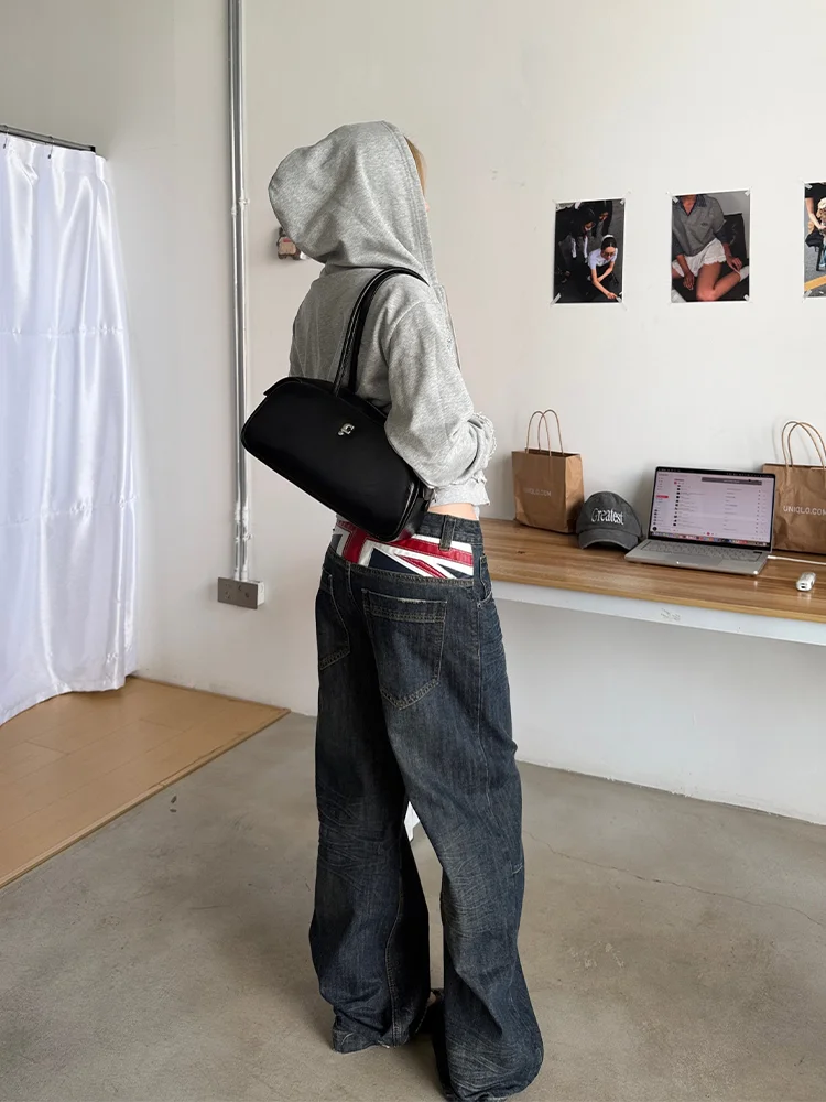 Large Size American Style  Washed Denim Back Waist Patch Women's Loose Wide Leg Draping Long Trousers Casual High Waist Jeans