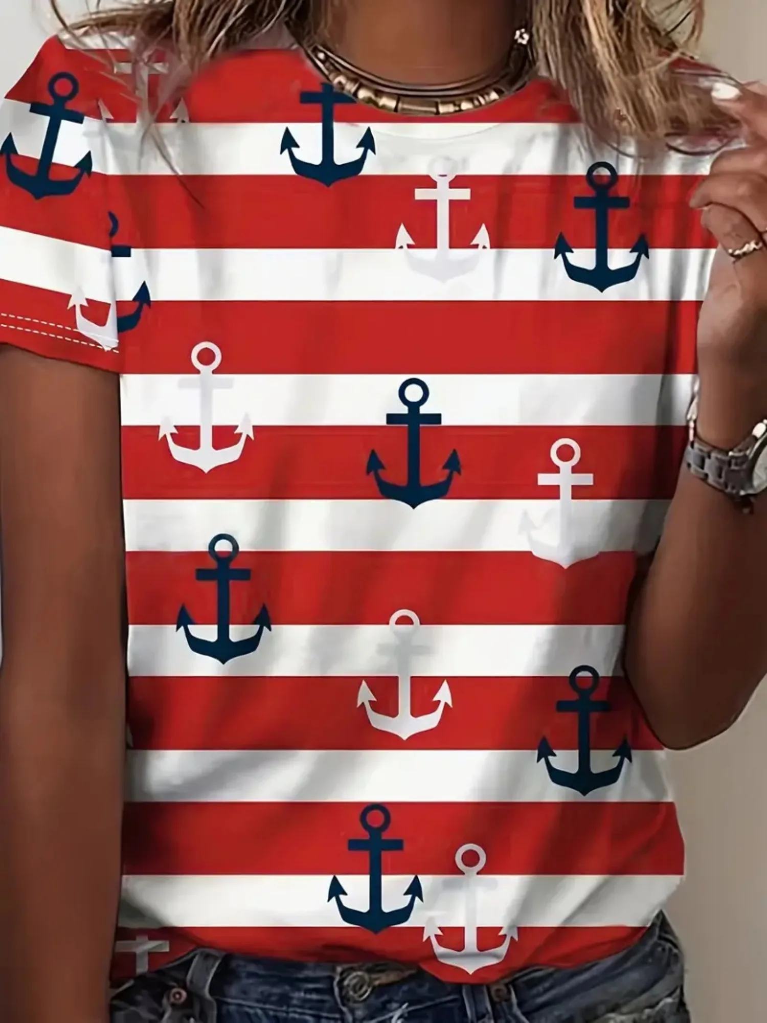 

Plus Size 1XL-5XL Women's Fashion Striped Printed T-shirt Tops Ladies Casual Short Sleeved Shirt V-neck T-shirt