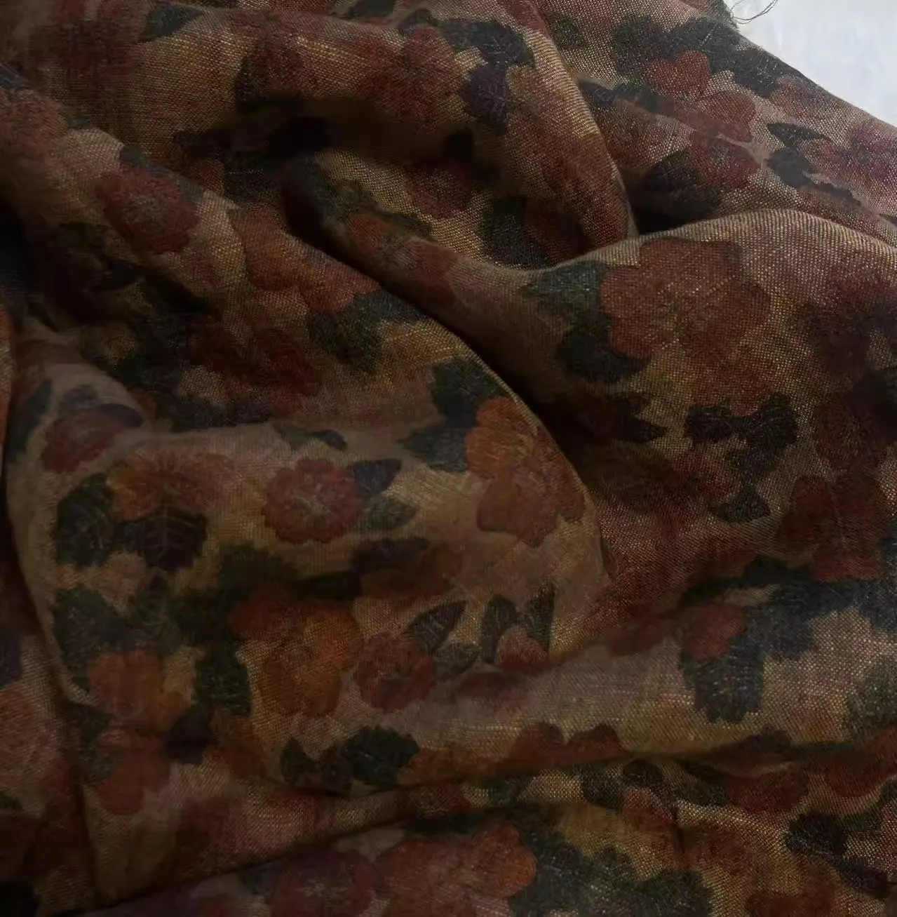 

1yard natural ramie fabric Brown background floral print tissu Skirt dress shirt bag cheongsam fabric for clothing