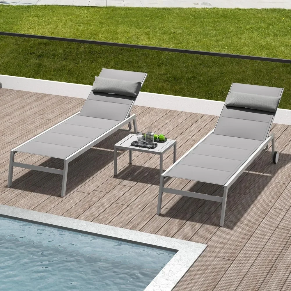 Patio Chaise Lounge Set of 3, Adjustable Full Aluminum Pool Lounge for Outside with Wheels and Side Table, Padded Sunbathing