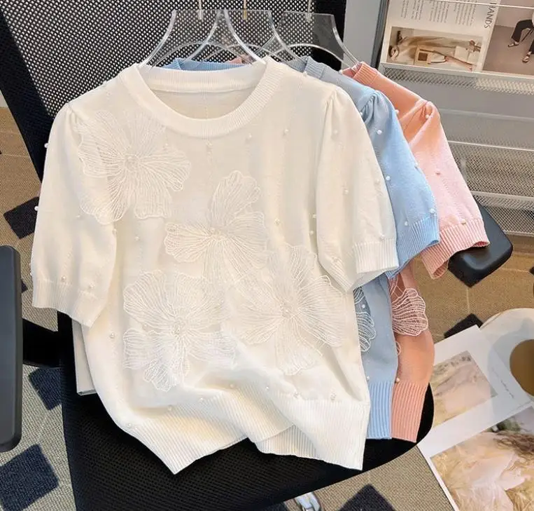 Lace  Sweater Women\'s Knitted Pullover Loose O-Neck Short Sleeve Diamond Sweater Western Style Versatile Backing Pullover Tops