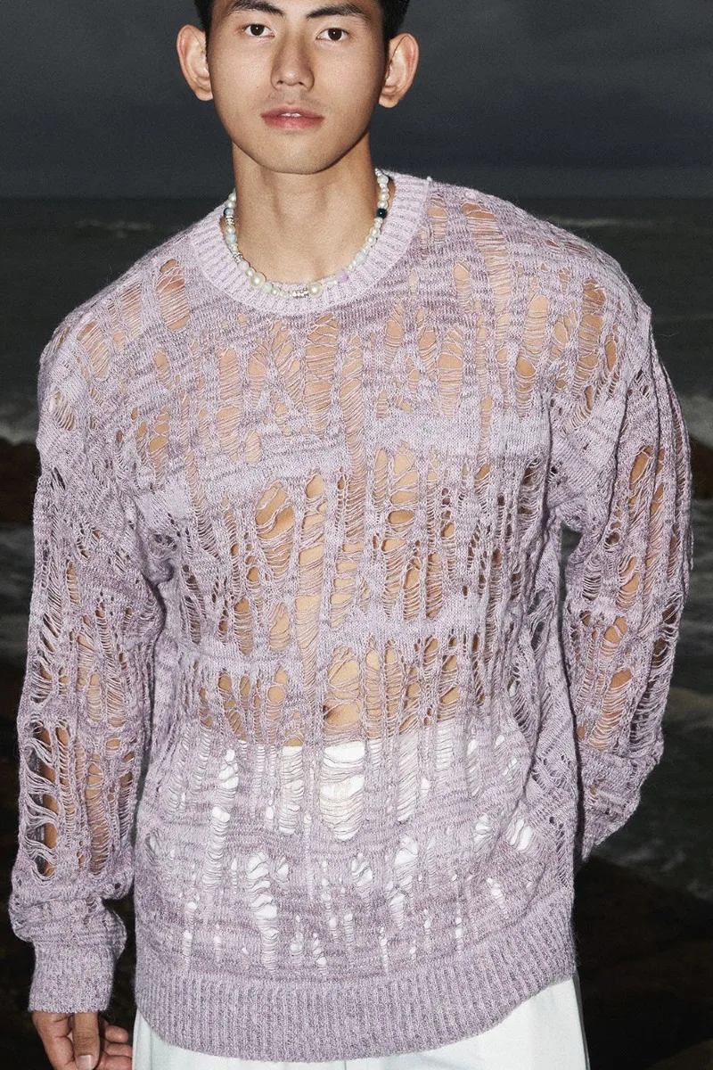 

2025 Autumn New Perforated Knitted Round Neck Sweater for Men with Loose and Trendy Design Brushed Sweater Male Clothing
