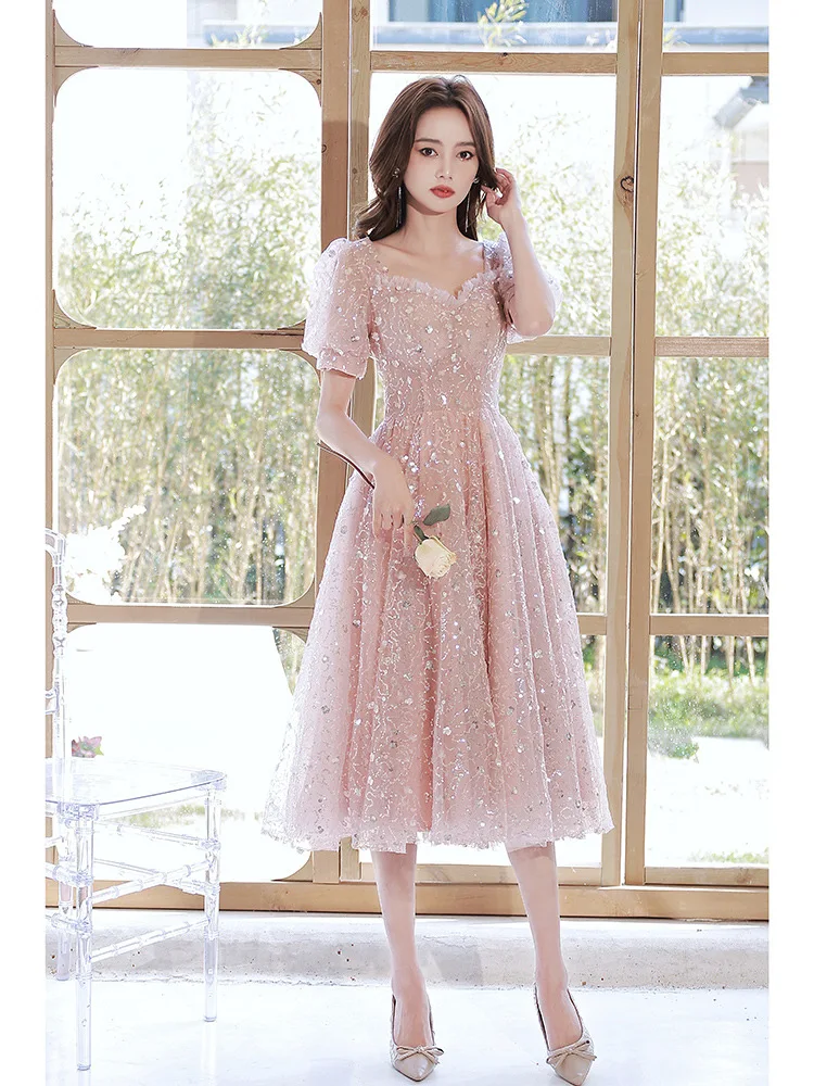 

Sweet Pink BlingBling Prom Dress Princess Bubble Sleeve Square Neck Birthday Party Gown Backless Zip Tea-Length Formal Dresses