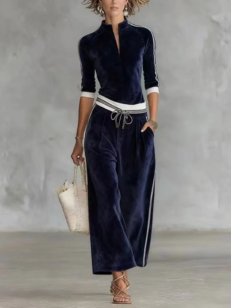 

Весенне-осенняя однотонная бархатная одежда, женская водолазка, топ на молнии, кардиган и широкие брюки, комплект в стиле ретро, контрастная спортивная одежда, костюм, наряд