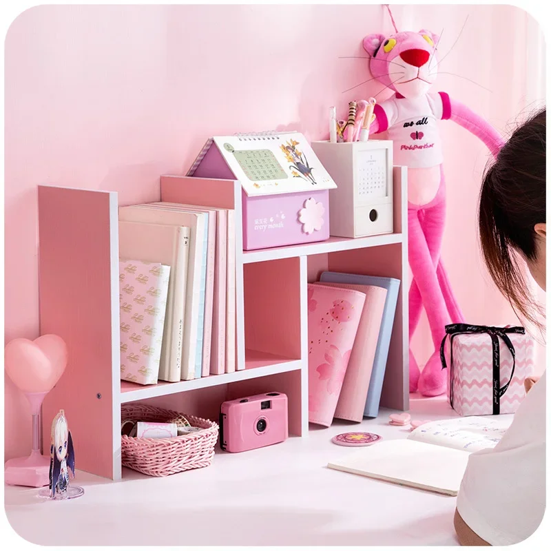 Book Organizer, Ins Wind Girl Heart Pink Storage Shelves, Desktop Student Office Simple Bookcase, Multifunctional Design