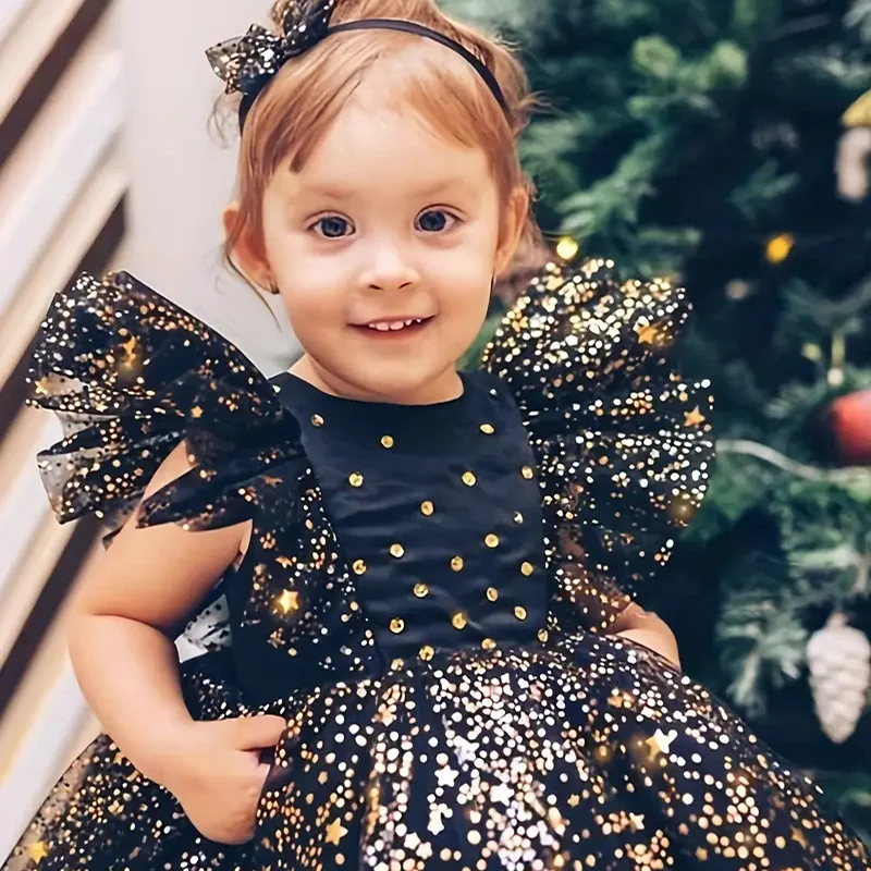 Abito da principessa con fiocco e maniche volanti con paillettes a stella di lusso per neonate per neonato, primo anno, compleanno, battesimo, Natale, abito da ballo