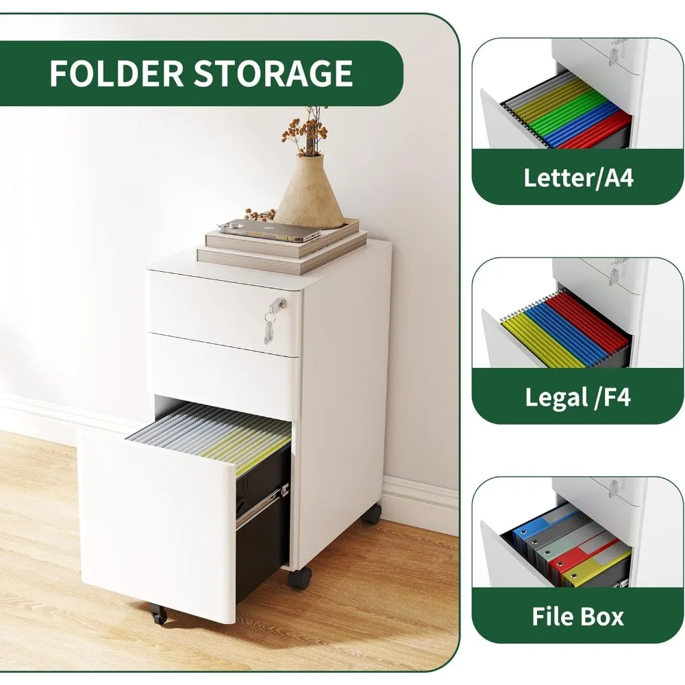 خزانة ملفات متنقلة من الفولاذ الأبيض ذات 3 أدراج مع قفل، وأدراج ضحلة وعميقة، وميزة مضادة للطرف، وحل تخزين آمن