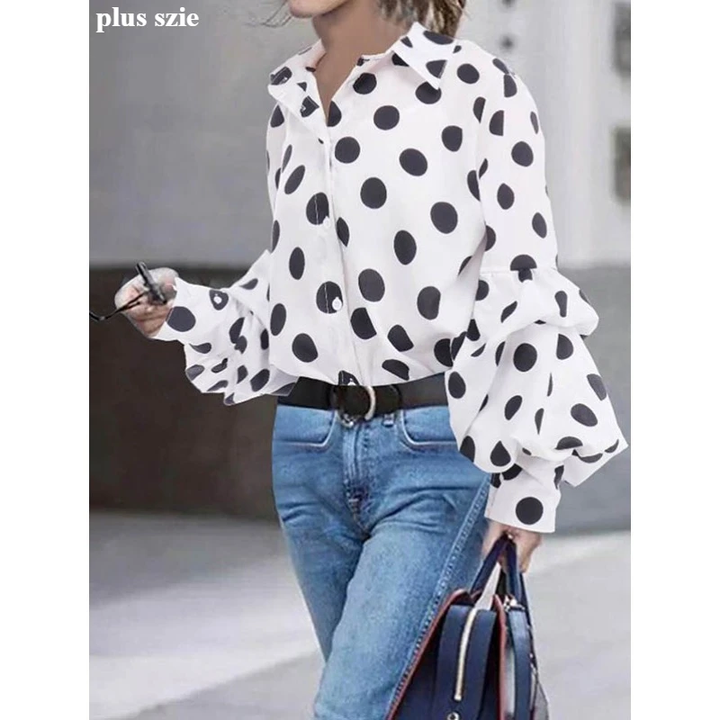 TAKO Polka Point Camicie taglie forti Donna 2025 Autunno Manica a sbuffo Monopetto Vestibilità ampia Pieghe Camicette con risvolto da donna 176935