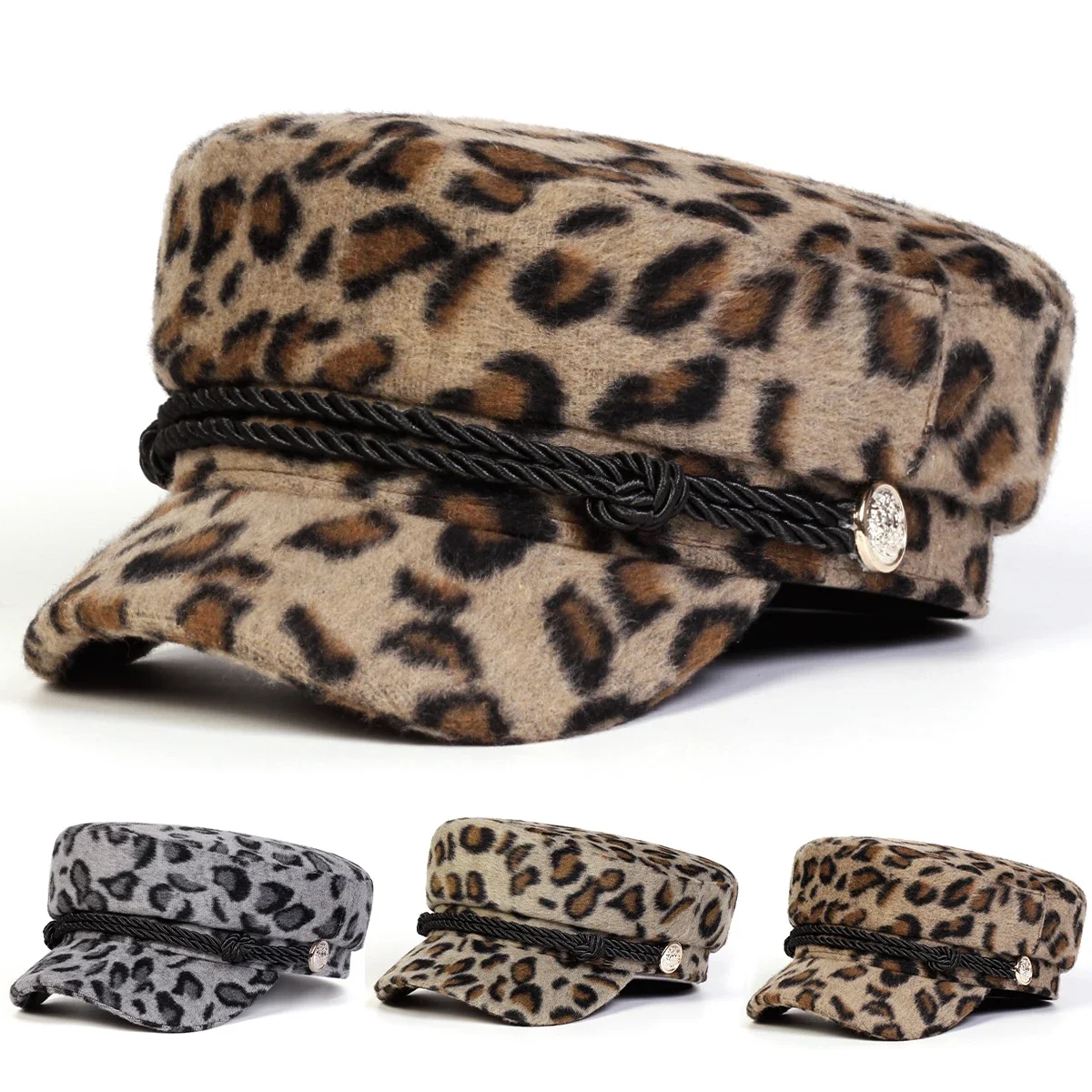 Unisex Plush Leopard Print Navy Cap Autumn Winter Sailor Hats Beret Hat Men Flat Top Captain Military Caps