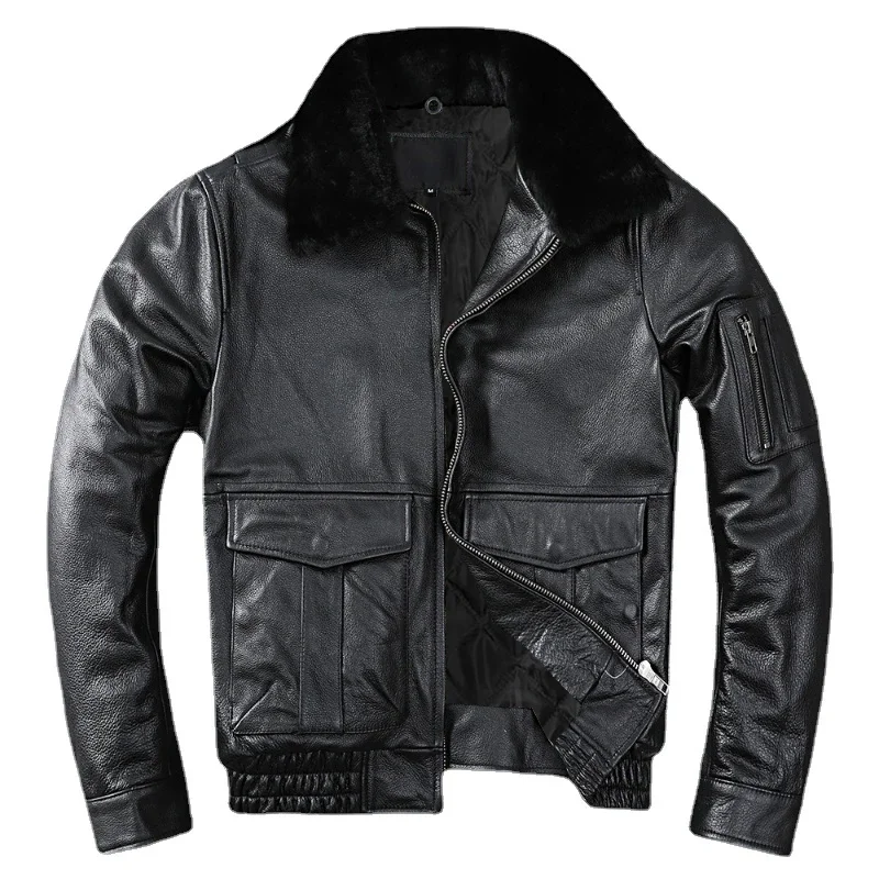 

Jacket Men Detachable Real Fur Collar Thicken Warm Cowhide Clothes New Air Force Flight Genuine Cow Leather Winter Coat